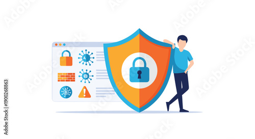 Man leaning on an orange and blue shield with a padlock, positioned next to a browser displaying virus icons and online