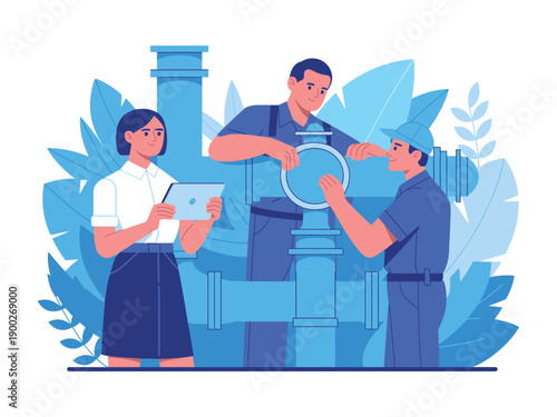 Three coworkers collaborating on an industrial project with a woman taking notes on a tablet