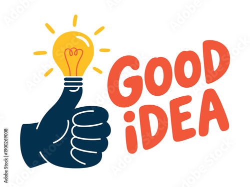 A cartoon hand holding a glowing lightbulb with the words 'GOOD IDEA' written next to it.