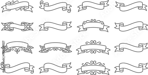 Elegant vector banners and decorative ribbons set for various graphic design projects, offering classic scrollwork and customizable blank spaces