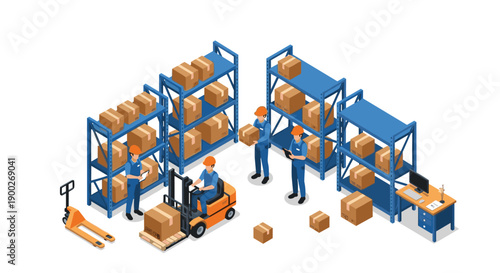 Bustling warehouse scene with workers, forklifts, pallet jacks, and shelves filled with numerous cardboard boxes.