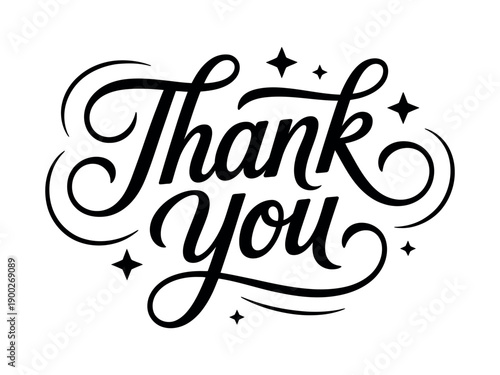A stylized black thank you message on a white background with decorative stars and swirls