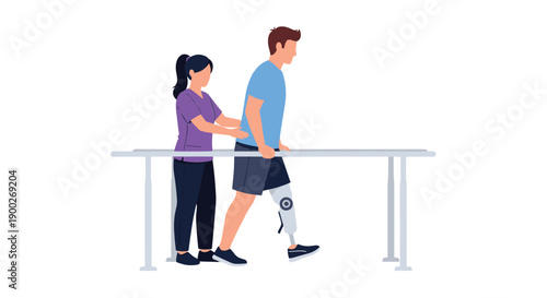 Female physiotherapist assisting a man with a prosthetic leg during walking exercises along parallel bars, showing
