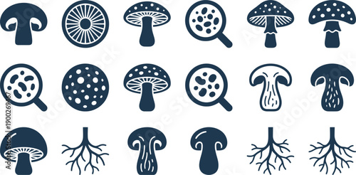 Diverse collection of stylized mushroom and fungal root icons, featuring various designs for natural food, plant biology, and scientific study concepts