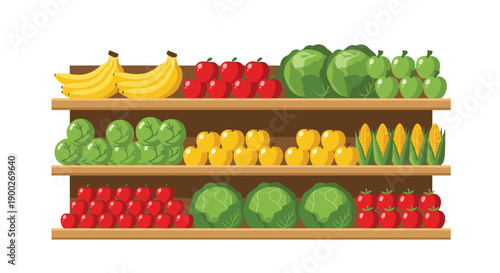 Organized wooden shelves filled with rows of fresh bananas, red apples, green cabbages, and sweet corn.
