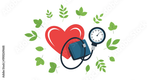 Vibrant red heart symbol and blood pressure cuff monitor surrounded by fresh green leaves, symbolizing natural health.