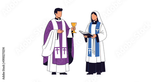 Male priest holding a chalice and female minister holding a Bible, representing Christian religious ceremony.
