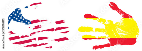 Flags of the United States and Spain represented by hand prints in red, white, and blue with a touch of yellow