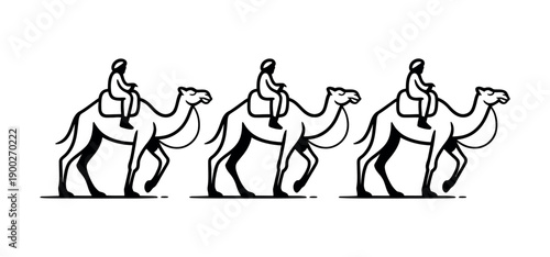 A black and white illustration of three camels walking in a line with riders on their backs.