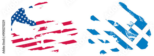 Two hands shake, one marked with the American flag and the other with a blue design, representing unity and cooperation between nations