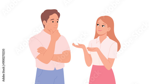 A man and woman engaged in a thoughtful conversation with gestures