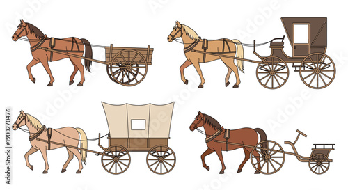 Four different horse-drawn wagons and traditional carriages, showcasing various historical transportation methods.