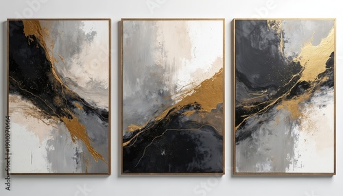 Abstract art triptych features dynamic gold brush strokes on textured canvas. Monochrome palette with black, grey, cream tones creates modern wall decor. Unique artwork for sophisticated interiors.