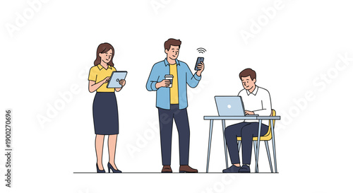 Three modern professionals utilizing various digital devices: tablet, smartphone, and laptop for connected productivity.
