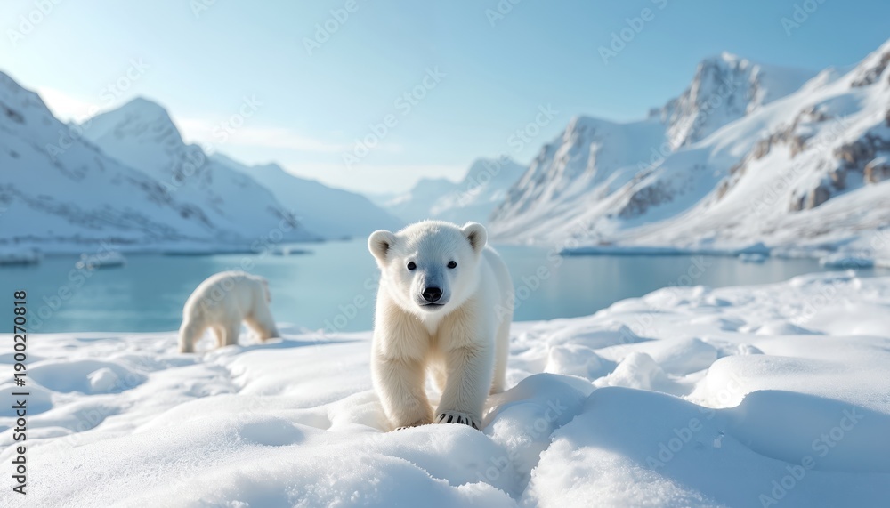 Fototapeta premium Two polar bears on ice floe. Young bear stands on snow looking at camera. Adult bear forages in background near icy blue water and mountains. Arctic wildlife scene.