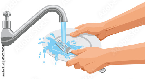 Hands holding a plate under running water from a faucet, actively washing and splashing, signifying cleanliness.