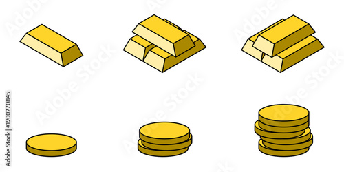 Stacked Stapled 3D Style Precious Metal Gold Golden Bar and Coin Money Price Wealth Finance Treasure Symbol Sign Icon Set. Vector Image.