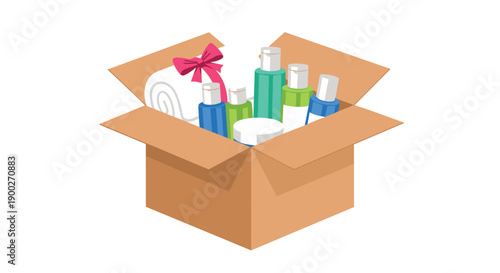 Open cardboard box filled with various colorful toiletries, including bottles, jars, and a neatly rolled towel.