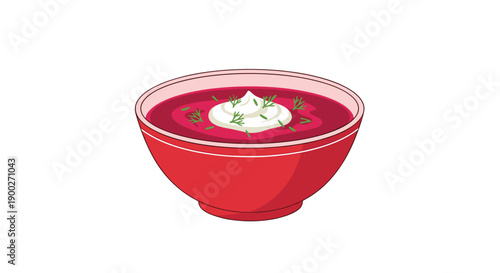 Vibrant red beet soup (borscht) in a bowl, garnished with a dollop of sour cream and fresh dill.