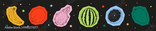 Tropical fruit collection in trendy cutout style. Hand-drawn vector set with banana, dragon fruit, watermelon, and mango. Vibrant colorful graphics on a dark background.