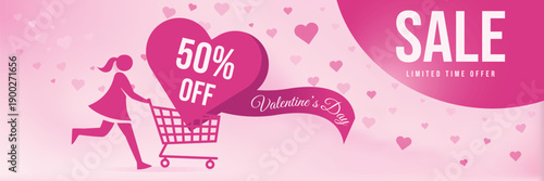Valentine’s Day sale banner with a running shopping girl with cart, big heart with a discount, floating hearts on a background