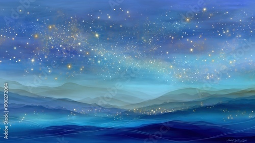 Tranquil night sky over serene mountain landscape with twinkling stars.