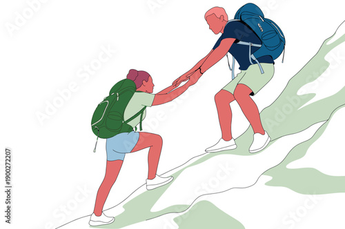 Two friends helping each other climb a mountain with backpacks