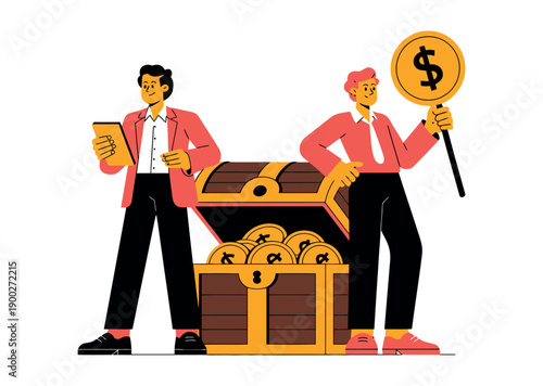 Two businessmen standing next to a treasure chest filled with gold coins and money.