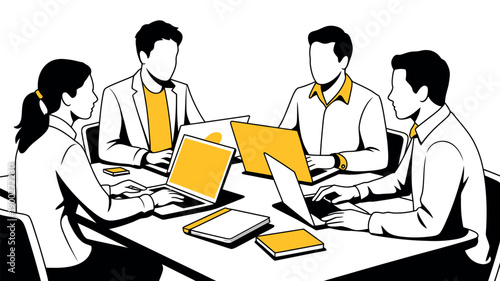A group of business professionals working together on laptops at a meeting table
