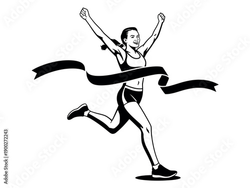 A triumphant woman crossing the finish line with her arms raised in victory
