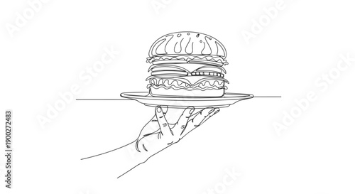 A continuous one line art drawing of a hand holding a plate with a large burger on it