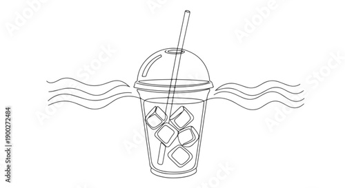 One Line Art Continuous Drawing of a Refreshing Iced Drink with Straw and Ice Cubes Surrounded by Waves, Minimalist Vector Illustration