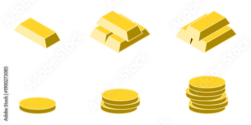 Stacked Stapled 3D Style Precious Metal Gold Golden Bar and Coin Money Price Wealth Finance Treasure Symbol Sign Icon Set. Vector Image.