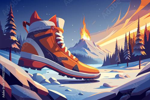 A shoelace behind that burning mountain with snow falling on the ground around it and a beautiful snowy landscape.