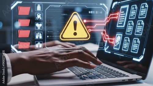 Person typing on laptop with warning sign on screen indicating potential cyber threat or data breach