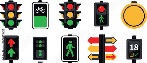 A collection of traffic signs and signals, including traffic lights, pedestrian signals, bike signals, and directional arrows on a white background.