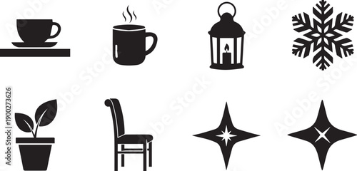 Collection of eight black and white icons including a tea cup, steaming mug, lantern, snowflake, potted plant, chair, and starburst designs.