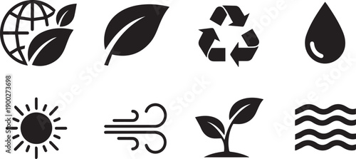 Eco friendly icons set including recycling symbol, leaves, globe, water drop, sun, wind, and plant, representing environmental conservation and sustainability concepts.