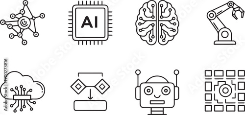 A collection of eight black line icons illustrating various artificial intelligence and technology concepts, including neural networks, microchips, robotic arms, and brain circuits.