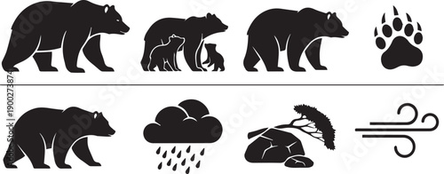 Black silhouette icons of bears, bear paw print, rain cloud with raindrops, tree blowing in wind, and gust of wind, representing wildlife and weather.