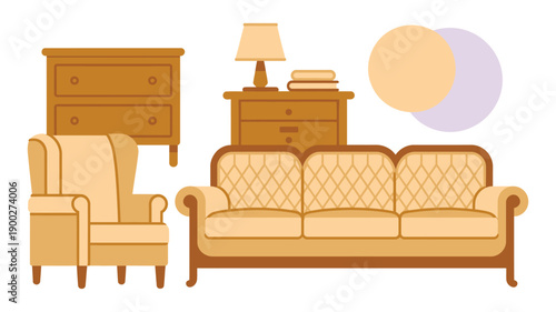A set of modern living room furniture including a sofa, armchair, and dresser on a white background
