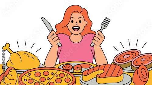 A cartoon woman excitedly prepares to eat a large variety of food including pizza, turkey, and ham.