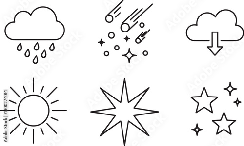 A set of six weather icons including rain cloud with droplets, meteor shower with stars, cloudy with down arrow, sun with rays, explosion starburst, and multiple star symbols.