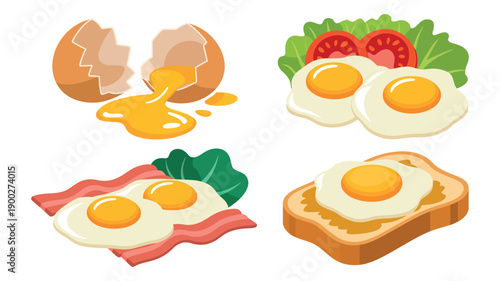 A colorful illustration of various egg dishes for breakfast