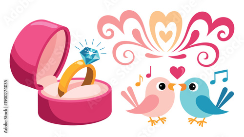 A cartoon illustration of two birds singing near a pink ring box with a diamond ring and decorative hearts and music notes.