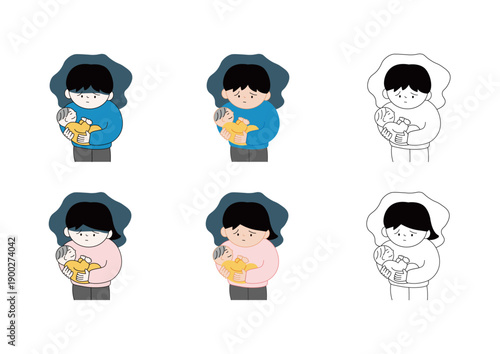 手描き風の赤ん坊を抱えながら悩む男女のイラストセット。育児中の不安やストレス、産後のメンタルヘルスケアをイメージしたシンプルな人物素材。
