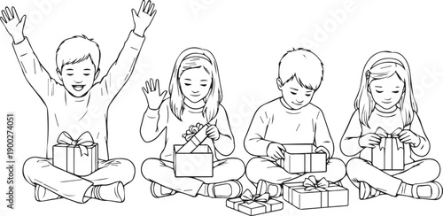 Children happily opening gift boxes with joyful expressions in a black and white illustration, perfect for holiday or celebration themes.