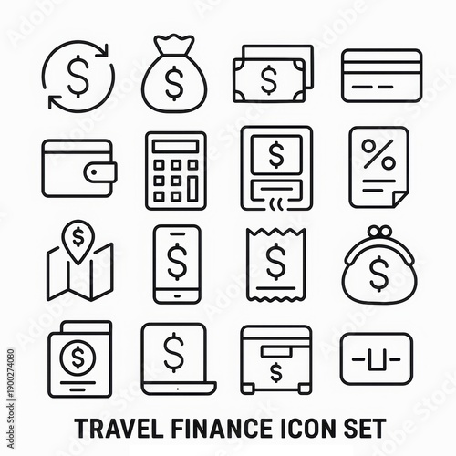 Travel Finance Icon Set. Minimal Line Style