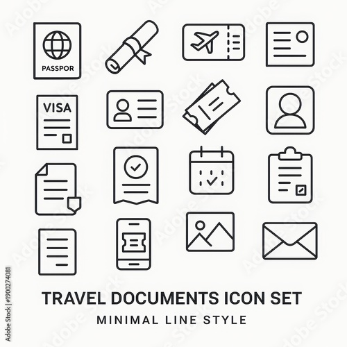 Travel Documents Icon Set. Minimal Line Style