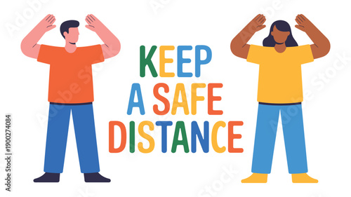 A colorful illustration of two people keeping a safe distance from each other during a pandemic